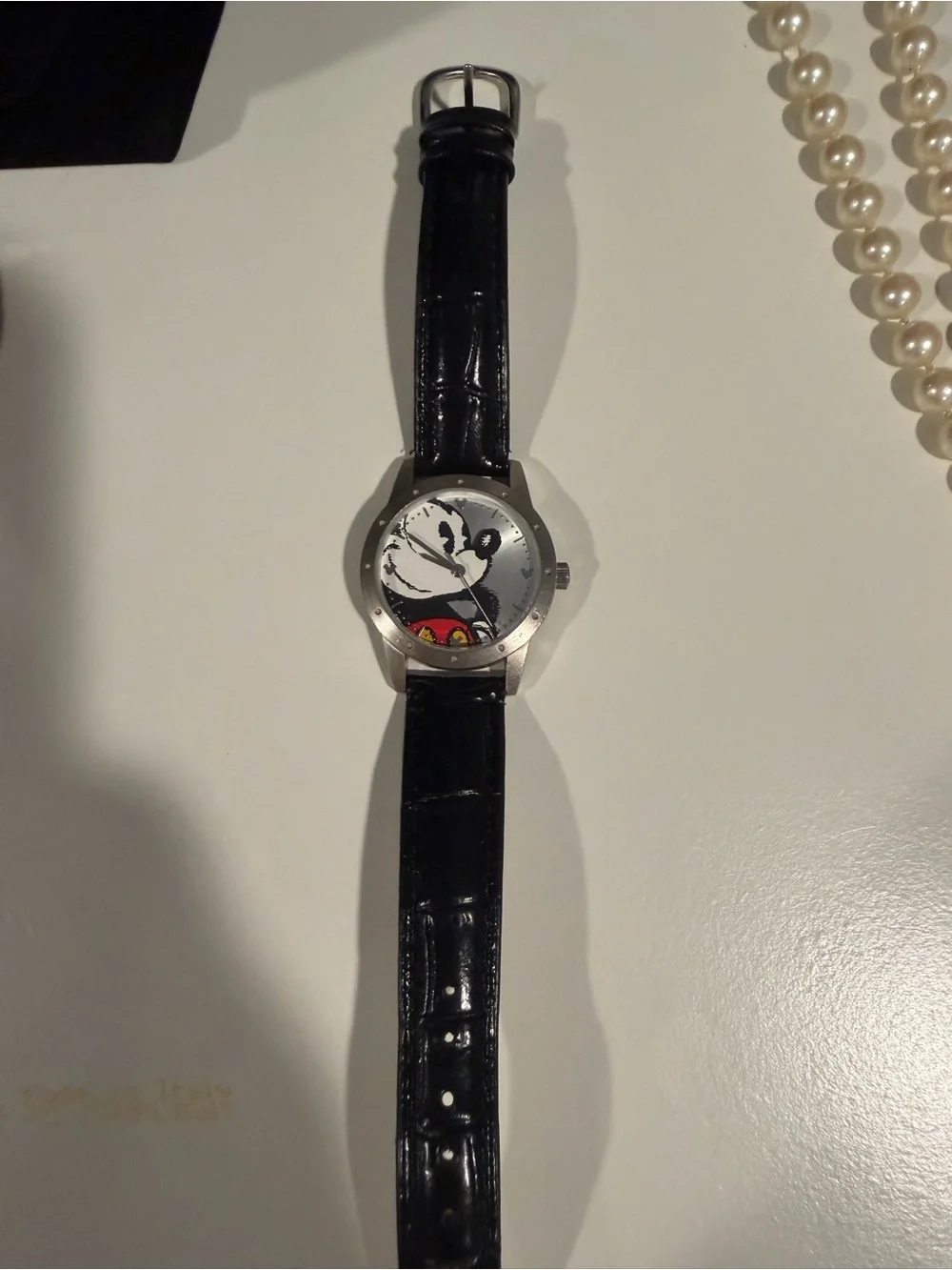 Black Leather Strap Mickey Mouse Watch- Black, Silver, Red